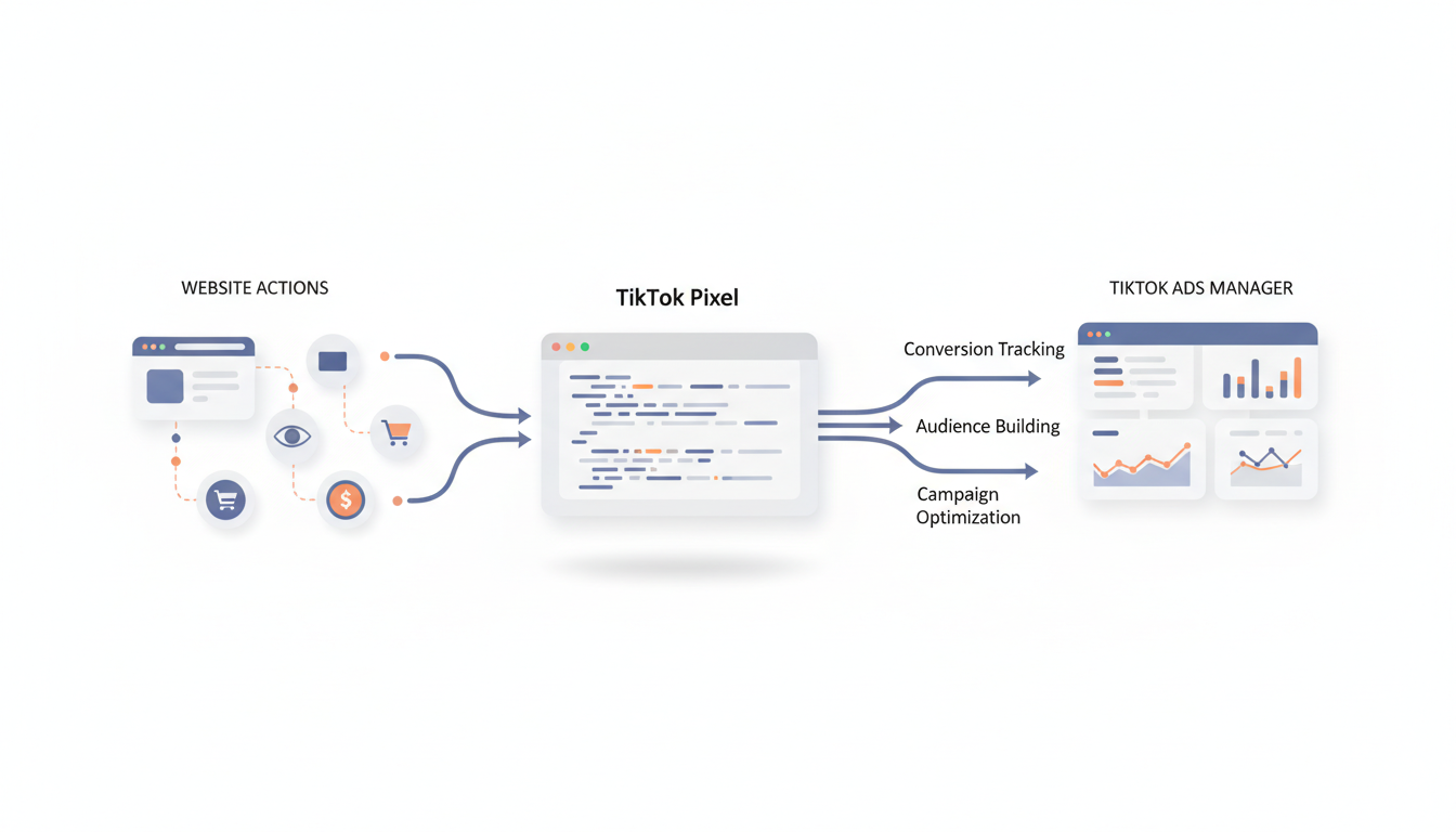 TikTok Pixel Ecosystem Overview - Diagram showing how the TikTok Pixel connects website visitor behavior with TikTok Ads Manager data, illustrating conversion tracking, audience building, and campaign optimization capabilities