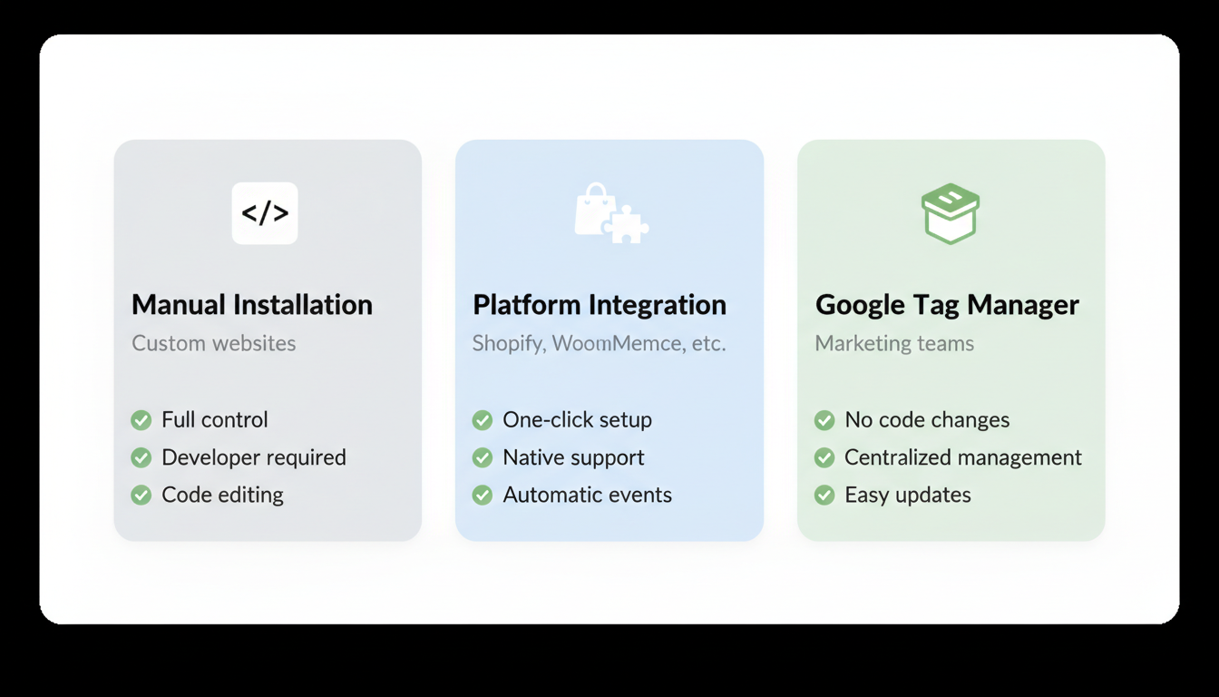 TikTok Pixel Installation Methods Comparison - Visual comparison of Manual Installation, Platform Integration, and Google Tag Manager approaches showing which method suits different technical setups