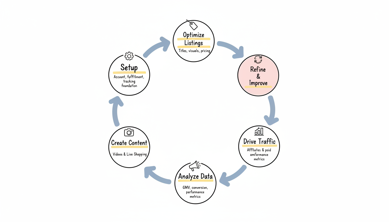 TikTok Shop Success Cycle showing the continuous improvement process: Setup → Optimize Listings → Create Content → Drive Traffic → Analyze Data → Refine & Improve, forming an iterative loop for ongoing success