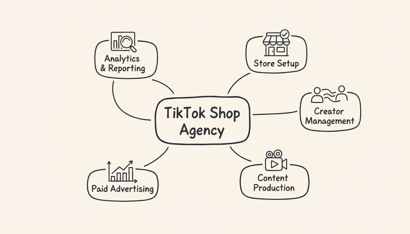 TikTok Shop Agency Services Overview - Framework diagram showing the five core service categories: Store Setup, Creator Management, Content Production, Paid Advertising, and Analytics