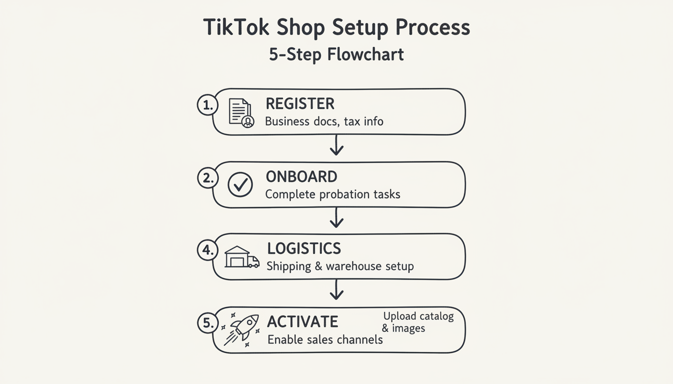 TikTok Shop Setup Process - Five-step flowchart showing the setup workflow: Register, Onboard, Logistics, Products, and Activate