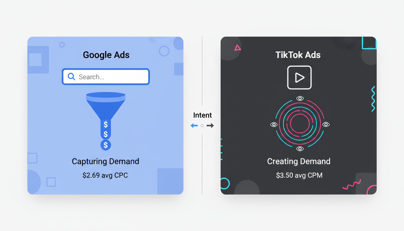 TikTok vs Google Ads platform comparison showing intent-based Google Ads versus discovery-based TikTok Ads with key metrics and visual funnel representation