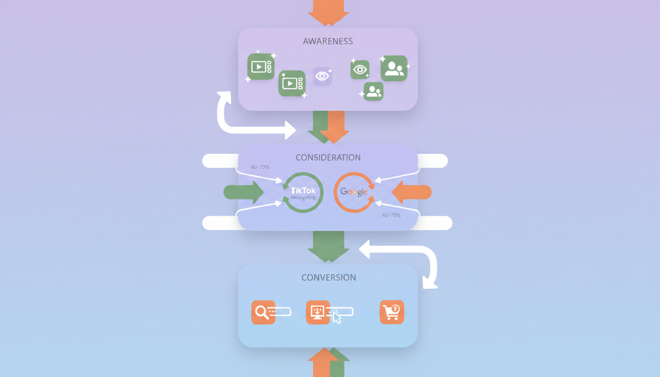 Full-funnel marketing strategy diagram showing how TikTok drives awareness at the top of the funnel while Google Ads captures conversions at the bottom