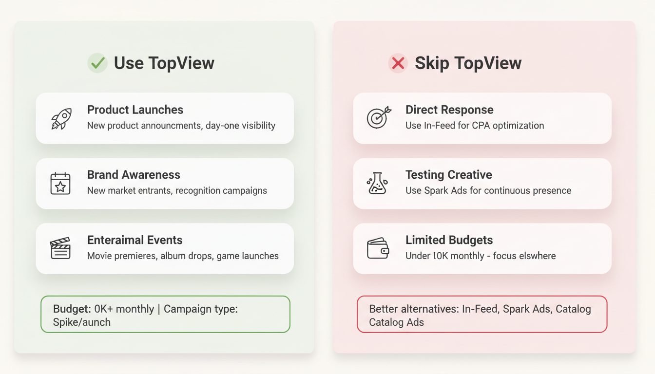 Decision framework showing when to use TikTok TopView ads versus alternatives based on campaign type and budget