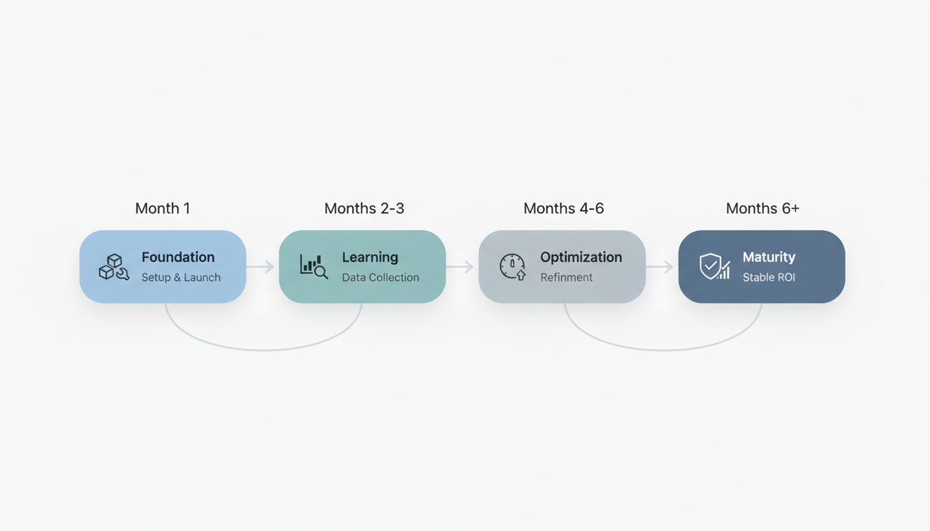 Timeline showing the four phases of PPC campaign maturity from Month 1 Foundation through Months 6+ Maturity with performance progression