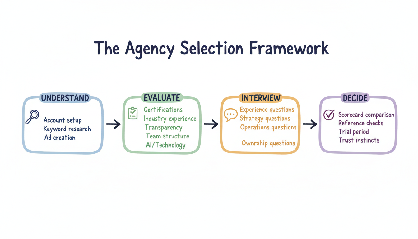 The complete PPC agency selection framework showing four stages: Understand, Evaluate, Interview, and Decide