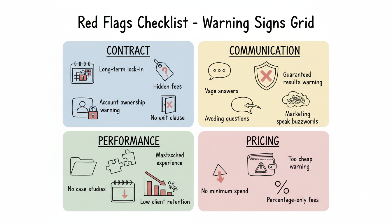 Red flags checklist showing four warning categories: Contract, Communication, Performance, and Pricing