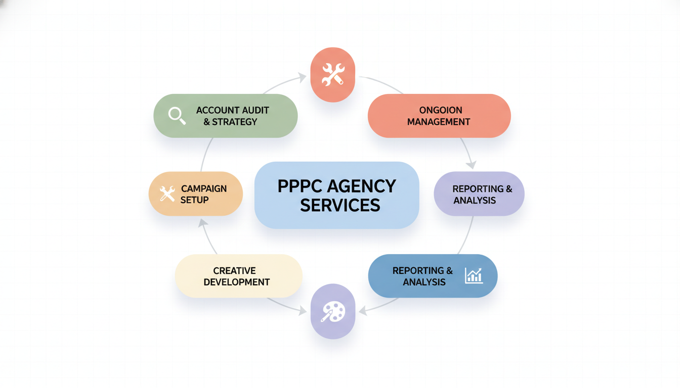 PPC Agency Services Ecosystem - Framework diagram showing the five core service areas: Account Audit & Strategy, Campaign Setup, Ongoing Management, Creative Development, and Reporting & Analysis