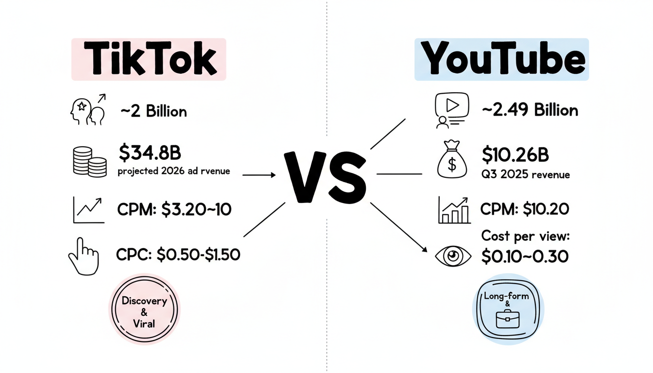 TikTok vs YouTube platform comparison showing key metrics including user base, ad revenue, CPM, and CPC for both platforms