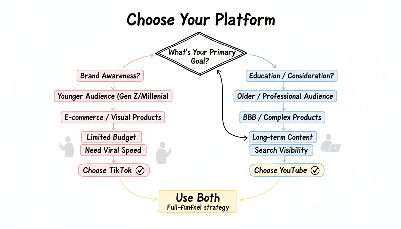 Platform selection decision framework flowchart showing criteria for choosing between TikTok and YouTube based on audience, goals, and budget