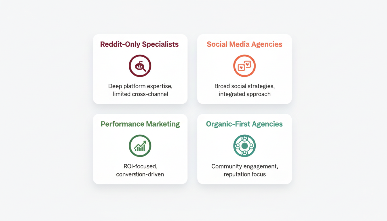 Four types of Reddit ad agencies: Reddit-Only Specialists, Social Media Agencies, Performance Marketing, and Organic-First Agencies