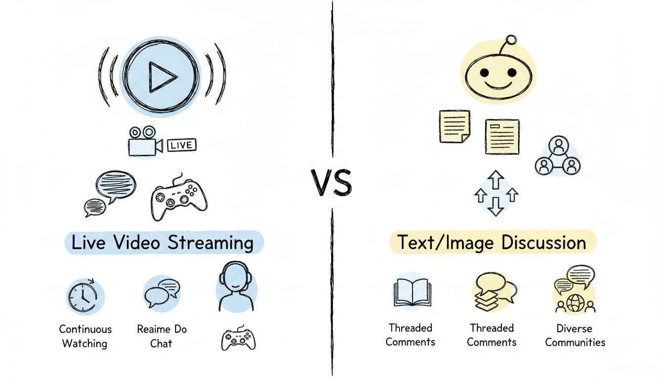 Twitch vs Reddit Platform Comparison - Side-by-side visualization of live streaming vs discussion platforms for gaming advertisers