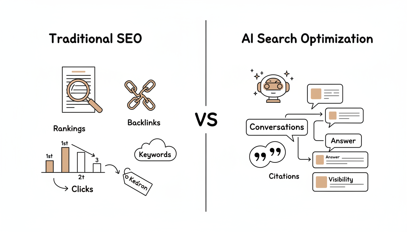 Traditional SEO vs AI Search Optimization comparison showing rankings and keywords versus citations and answers