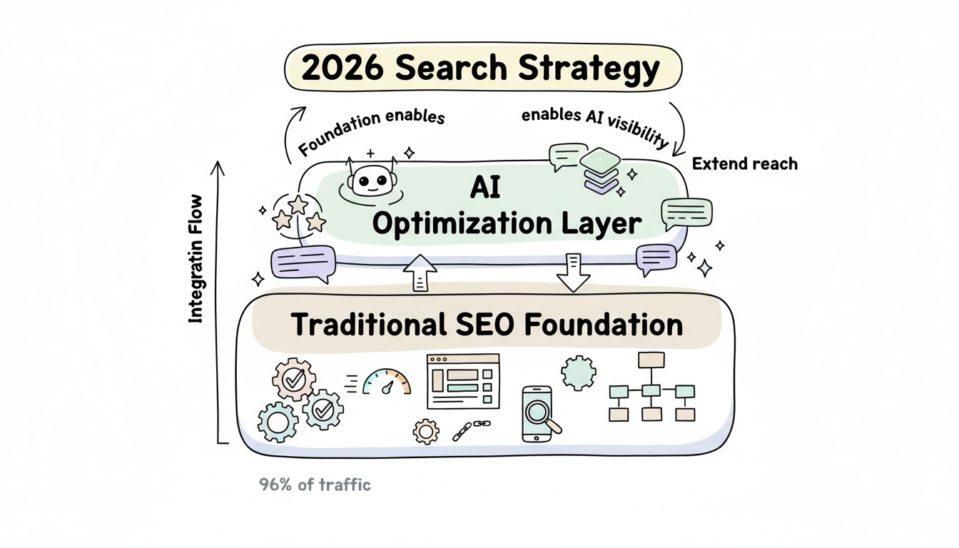 SEO and AI Search integration framework showing traditional SEO foundation enabling AI optimization layer