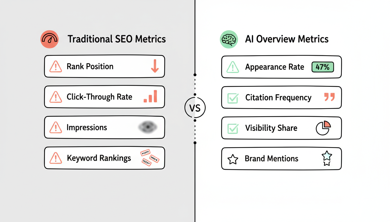 Comparison of traditional SEO metrics versus AI Overview metrics showing the measurement gap between conventional ranking tools and modern AI search visibility tracking