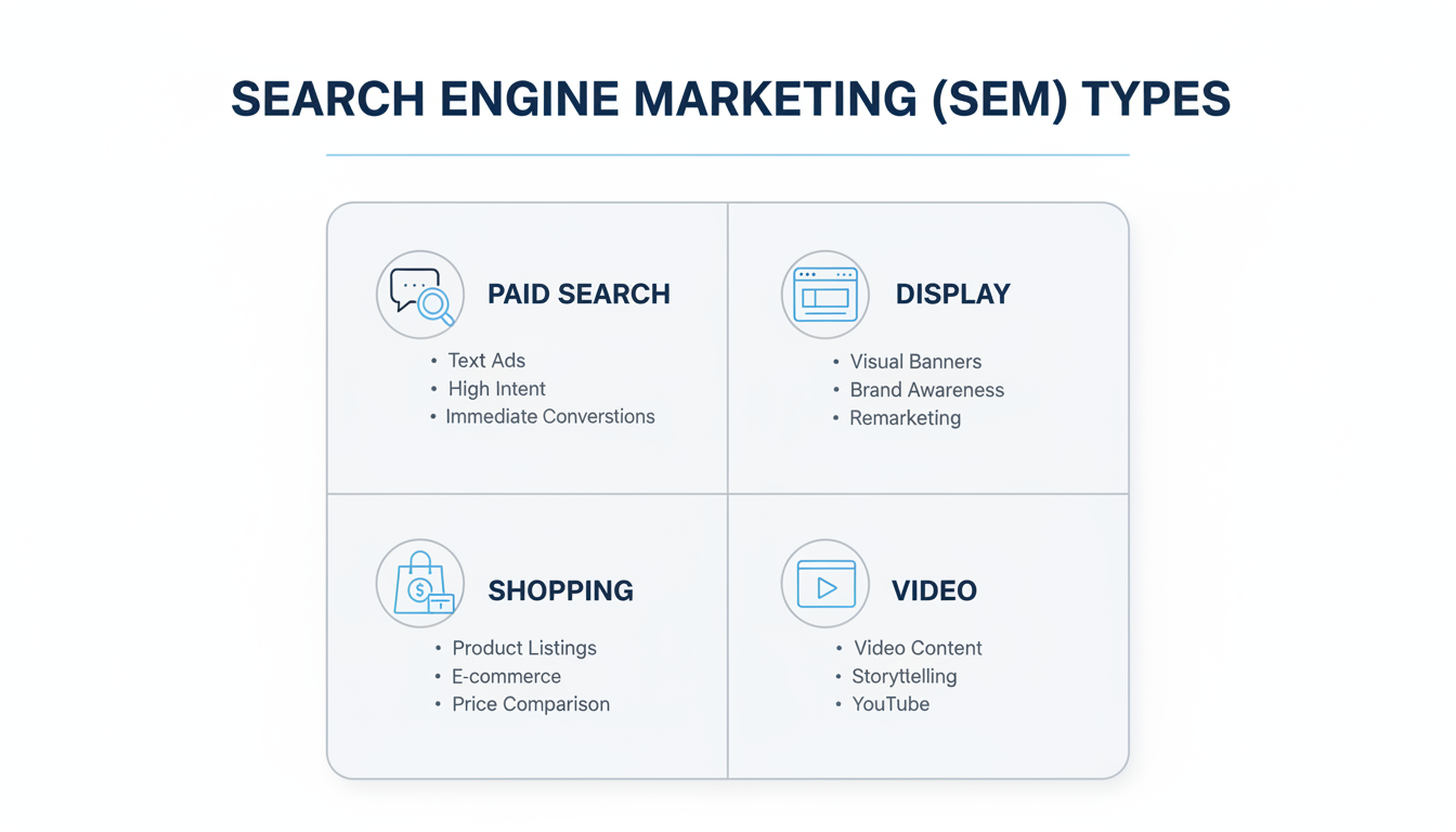 Comparison of four main SEM types: Paid Search, Display, Shopping, and Video ads showing their formats and best use cases
