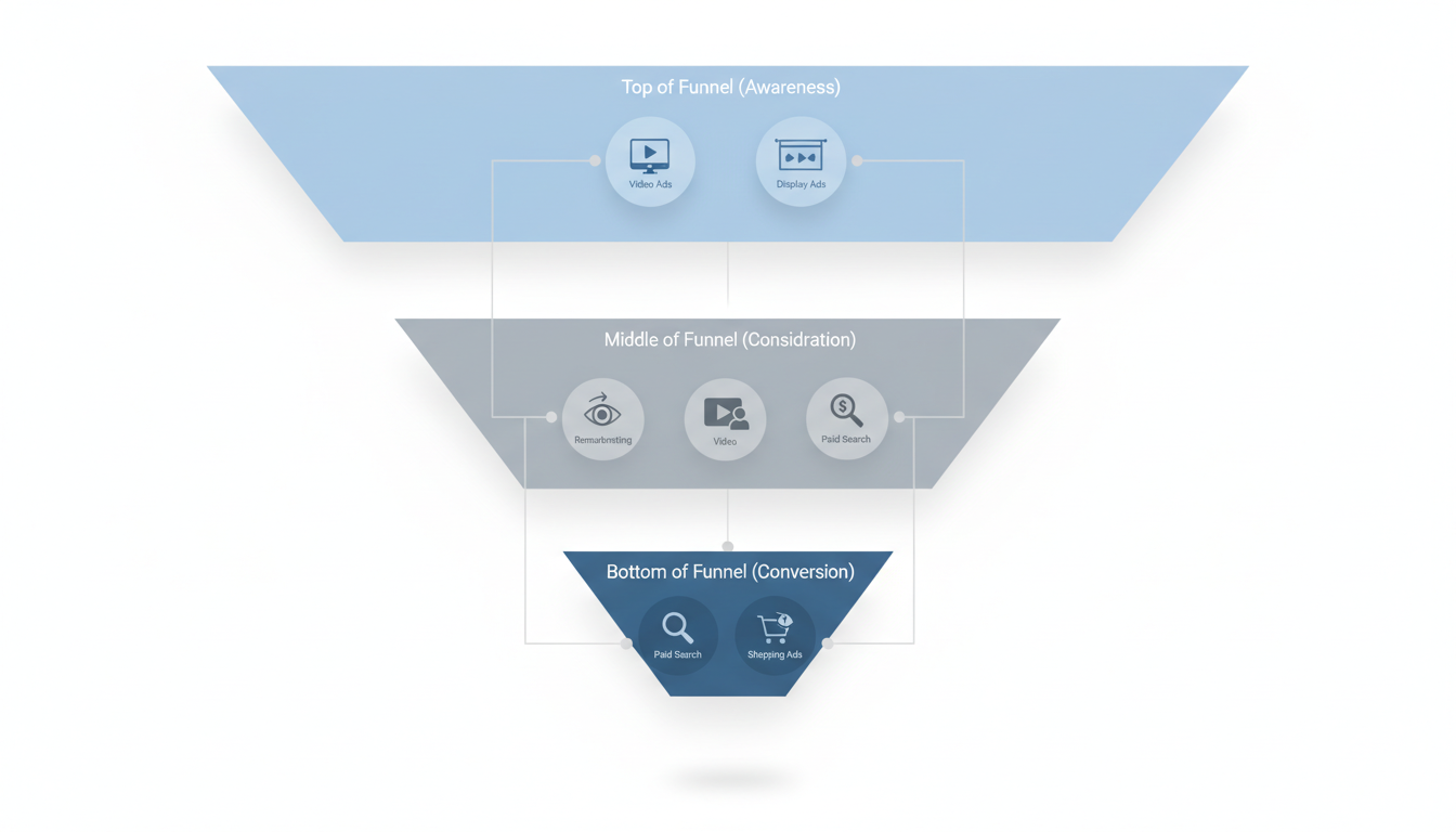 Sales funnel diagram showing how different SEM types align with funnel stages - Display and Video at top, mixed types in middle, Paid Search and Shopping at bottom