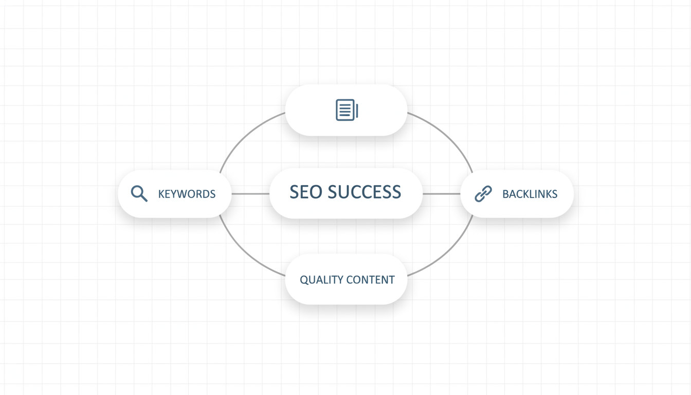 SEO Core Elements Framework - Keywords, Quality Content, and Backlinks form the foundation of SEO success