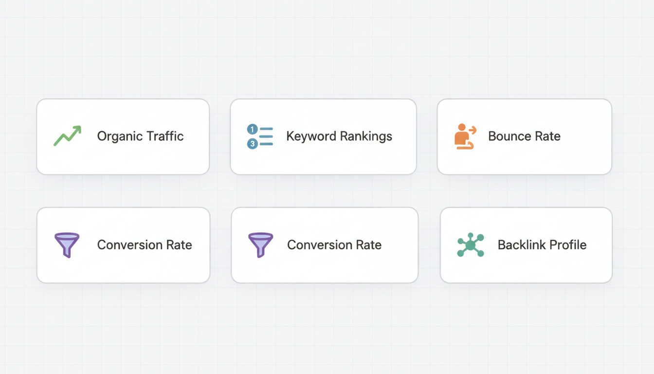 Key SEO Metrics Dashboard - Organic Traffic, Keyword Rankings, Bounce Rate, Conversion Rate, and Backlink Profile