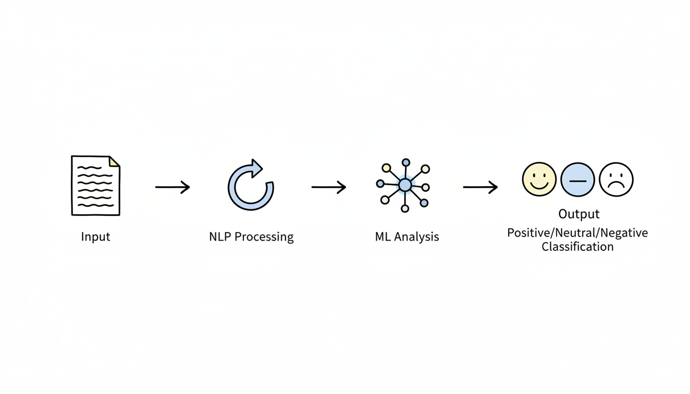 Sentiment Analysis Process Framework - showing the flow from text input through NLP processing and machine learning analysis to sentiment classification output