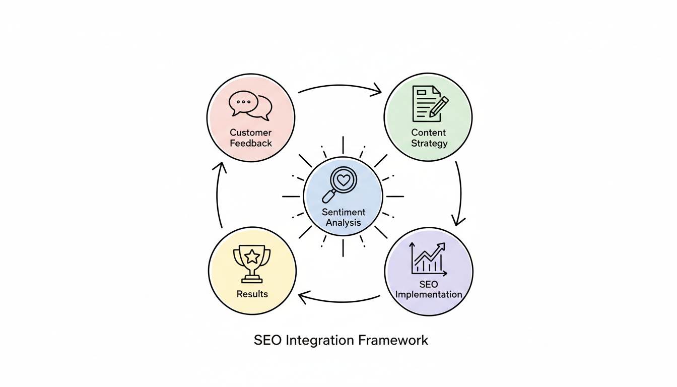 SEO Integration Framework - showing the cyclical relationship between sentiment analysis insights, content optimization, SEO implementation, and improved rankings