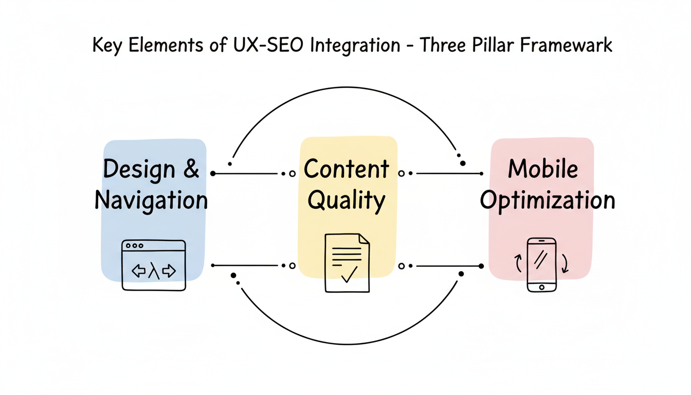 The three pillars of UX-SEO integration: Design & Navigation, Content Quality, and Mobile Optimization working together
