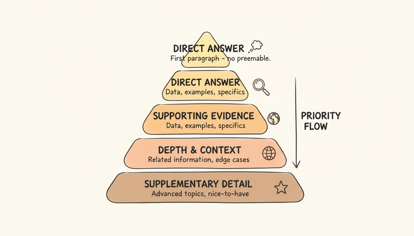 Content Structure for AI Extraction - Inverted pyramid diagram showing the four layers of content structure: direct answer at the top, supporting evidence, depth and context, and supplementary detail at the bottom