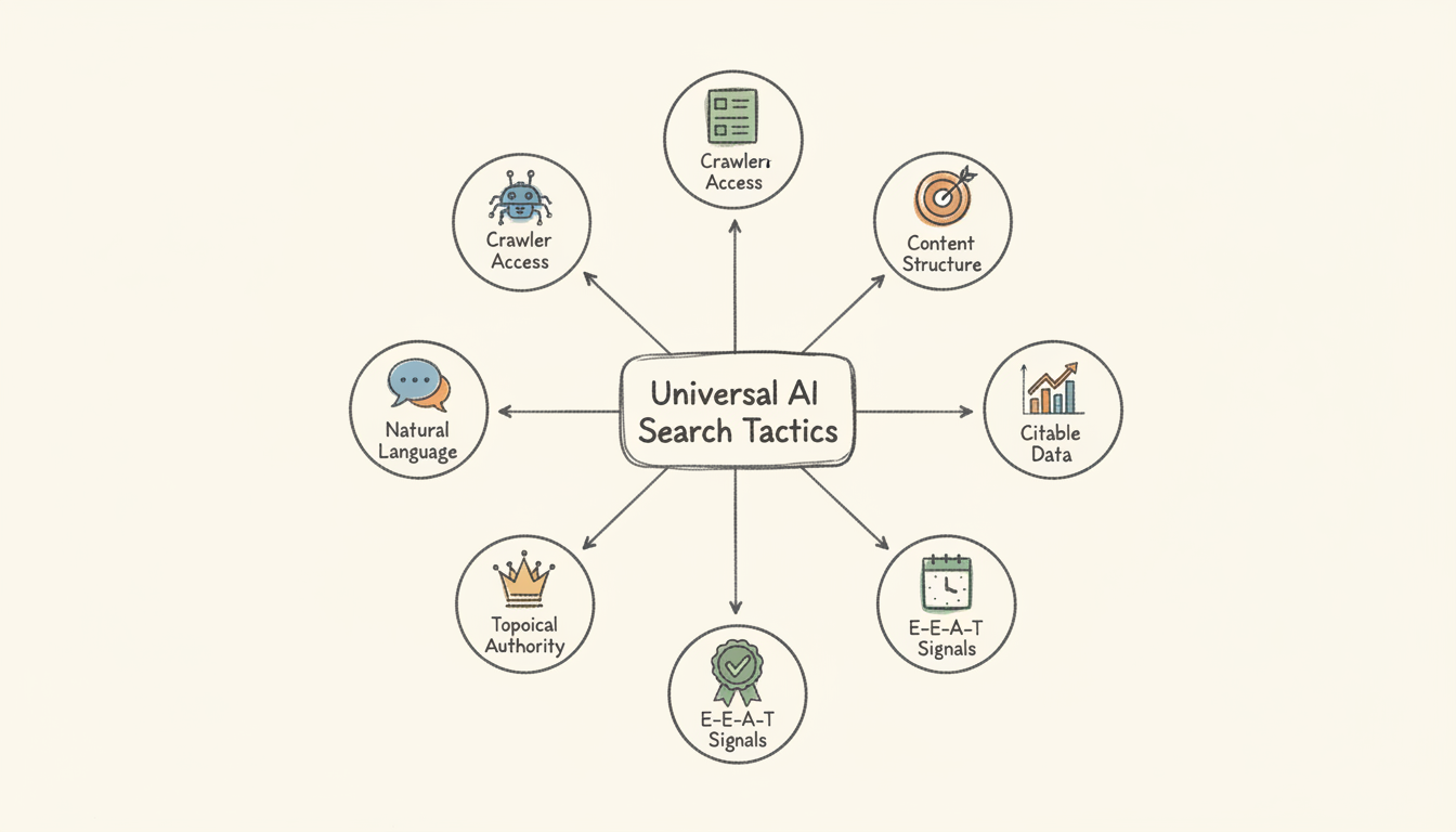 8 Universal AI Search Tactics Framework - Hub and spoke diagram showing all eight optimization tactics including crawler access, content structure, direct answers, citable data, E-E-A-T signals, content freshness, topical authority, and natural language optimization