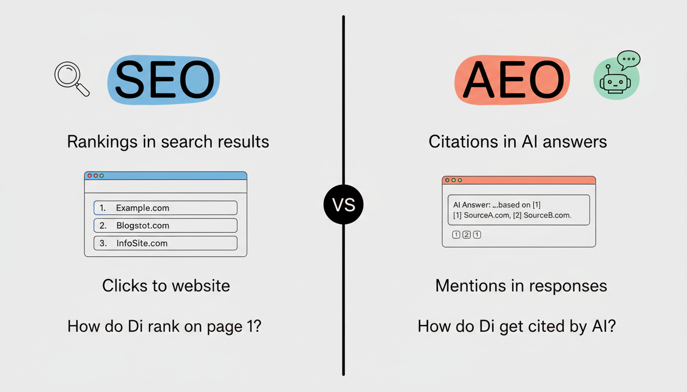 AEO vs SEO comparison showing the difference between ranking in search results versus being cited in AI answers
