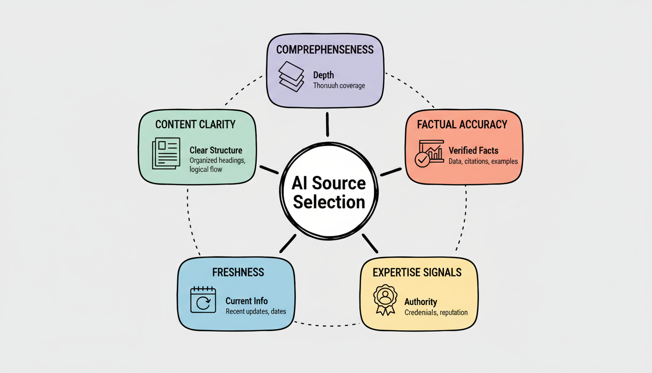 AI answer engine source selection criteria framework showing five key factors: content clarity, factual accuracy, expertise signals, freshness, and comprehensiveness