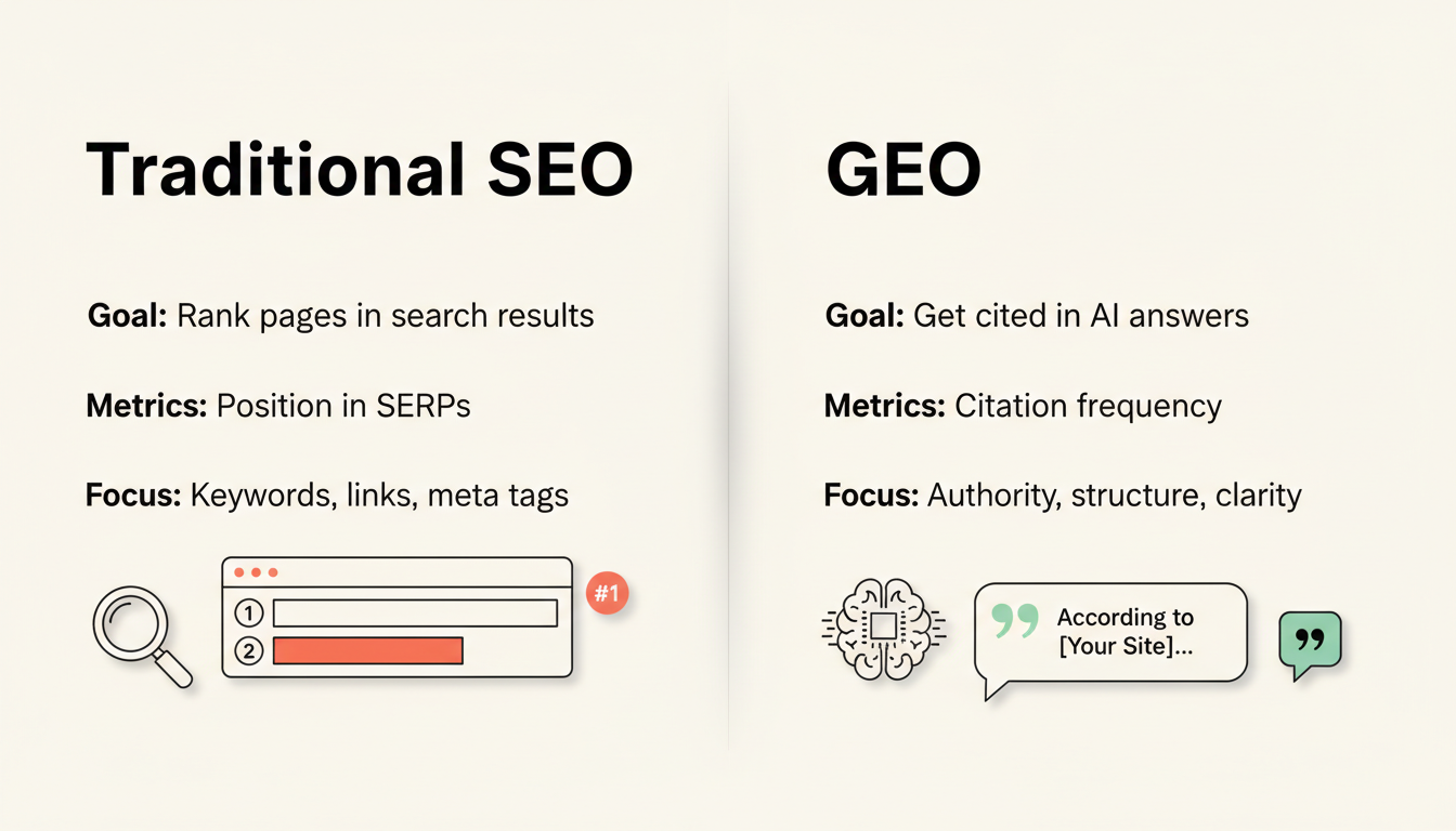 SEO vs GEO Comparison - Key differences between traditional SEO and generative engine optimization