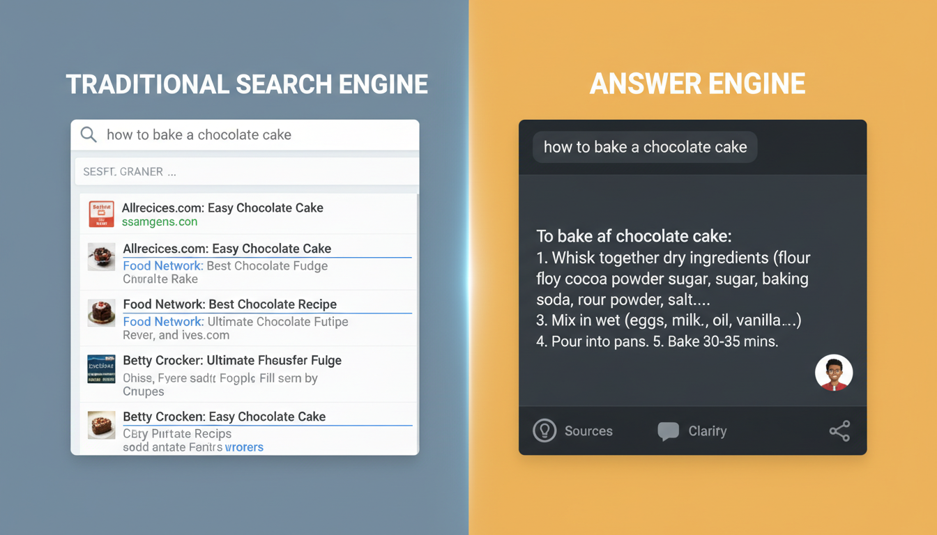 Comparison of traditional search engines versus answer engines showing differences in output, user action, ranking focus, technology, and query handling