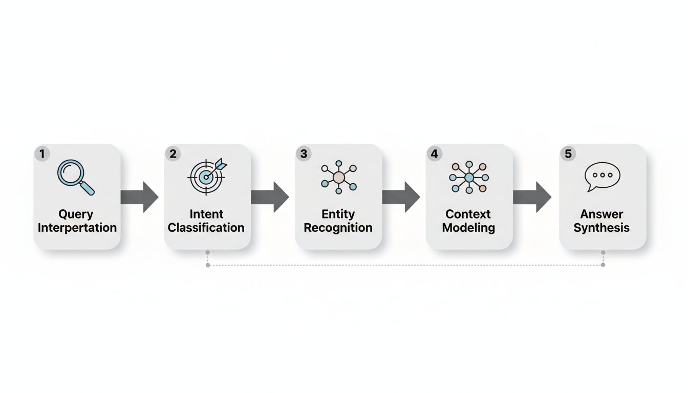 Five-step answer generation process flowchart showing query interpretation, intent classification, entity recognition, context modeling, and answer synthesis