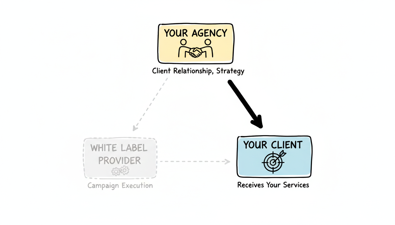 Three-party white label PPC relationship diagram showing your agency, the invisible white label provider, and your client