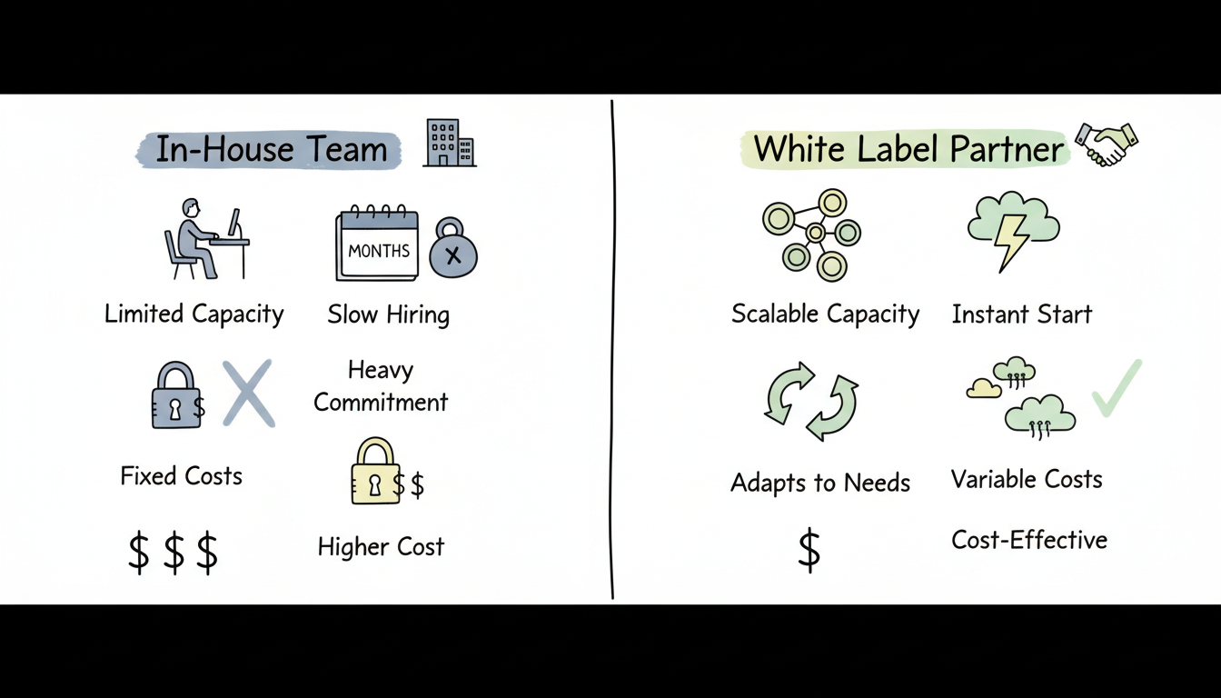 Comparison of in-house PPC team vs white label partner showing differences in cost, speed, and flexibility