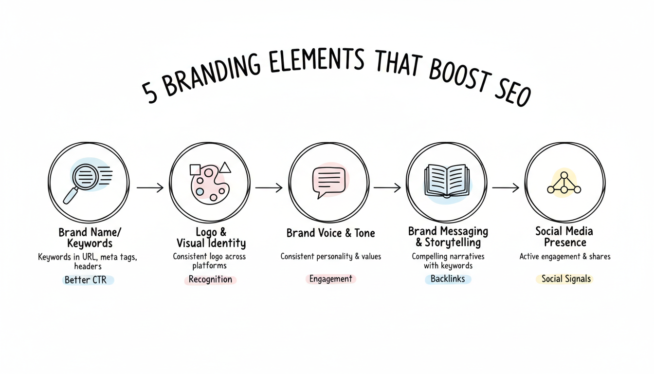 Five key branding elements that boost SEO: Brand Name/Keywords, Logo & Visual Identity, Brand Voice & Tone, Brand Messaging & Storytelling, and Social Media Presence