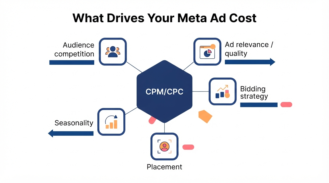Framework of what drives Meta ad cost: audience competition, ad relevance and quality, bidding strategy, placement, and seasonality
