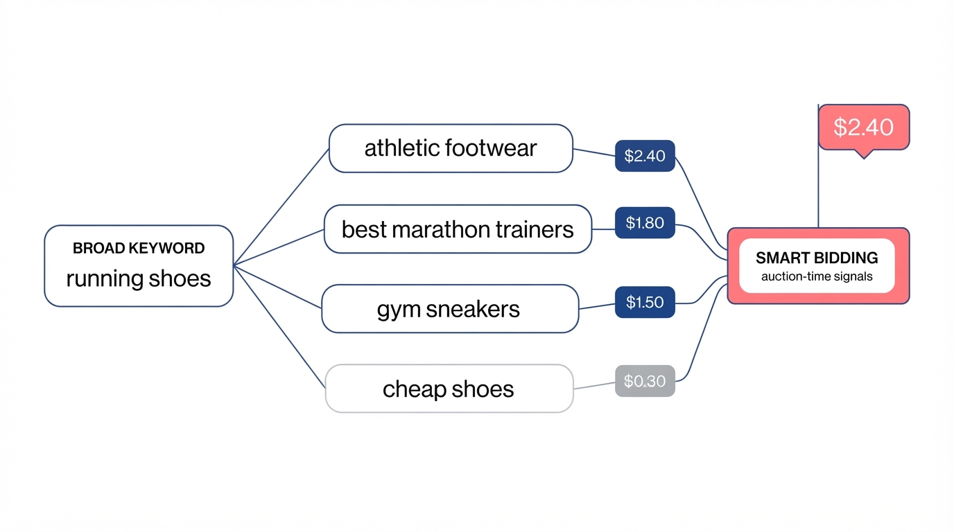 Diagram of a single broad match keyword expanding to many related search queries, with Smart Bidding setting a unique real-time bid for each individual query using auction-time signals