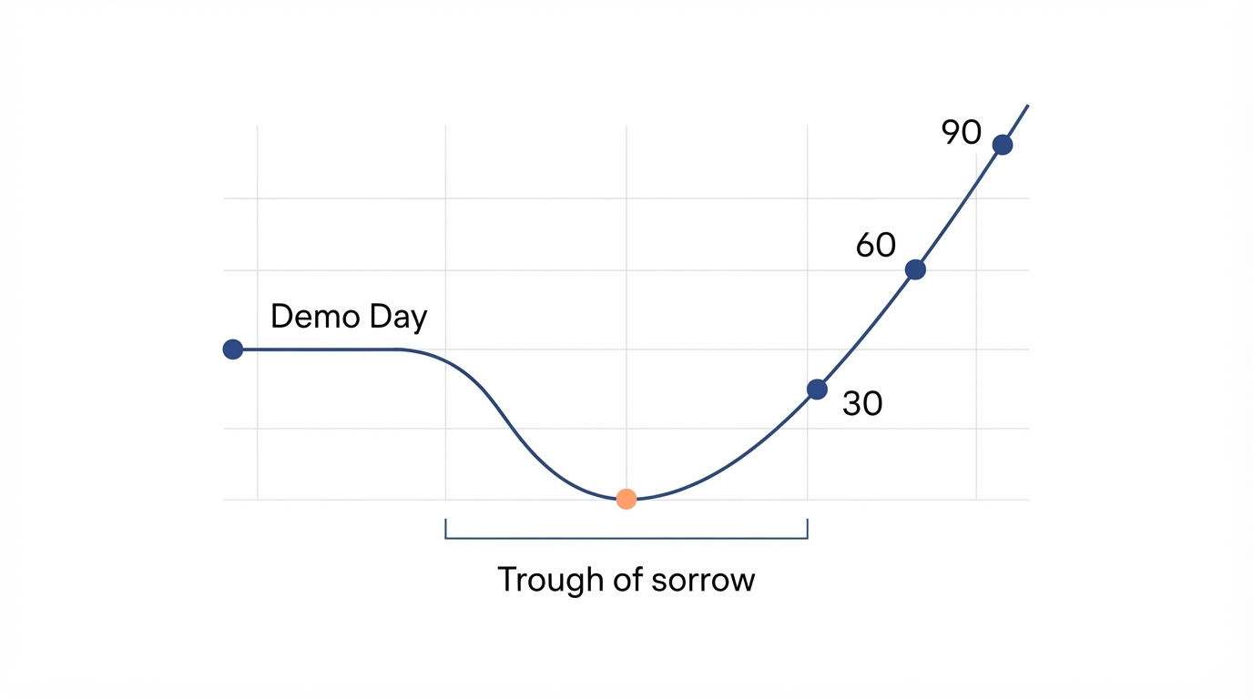 The post-demo-day trough of sorrow curve with 30, 60, and 90 day recovery markers