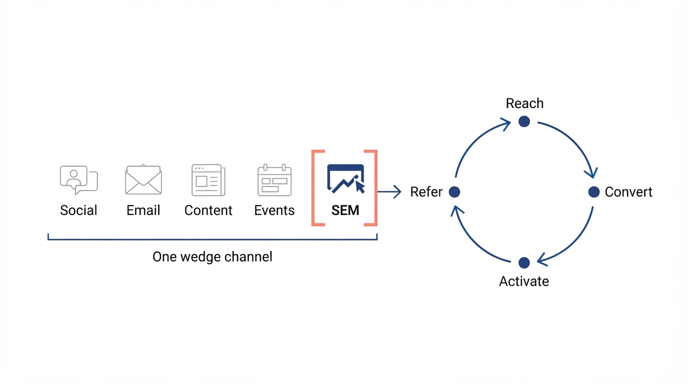 Diagram of picking one wedge channel and running a repeatable acquisition loop of reach, convert, activate, and refer