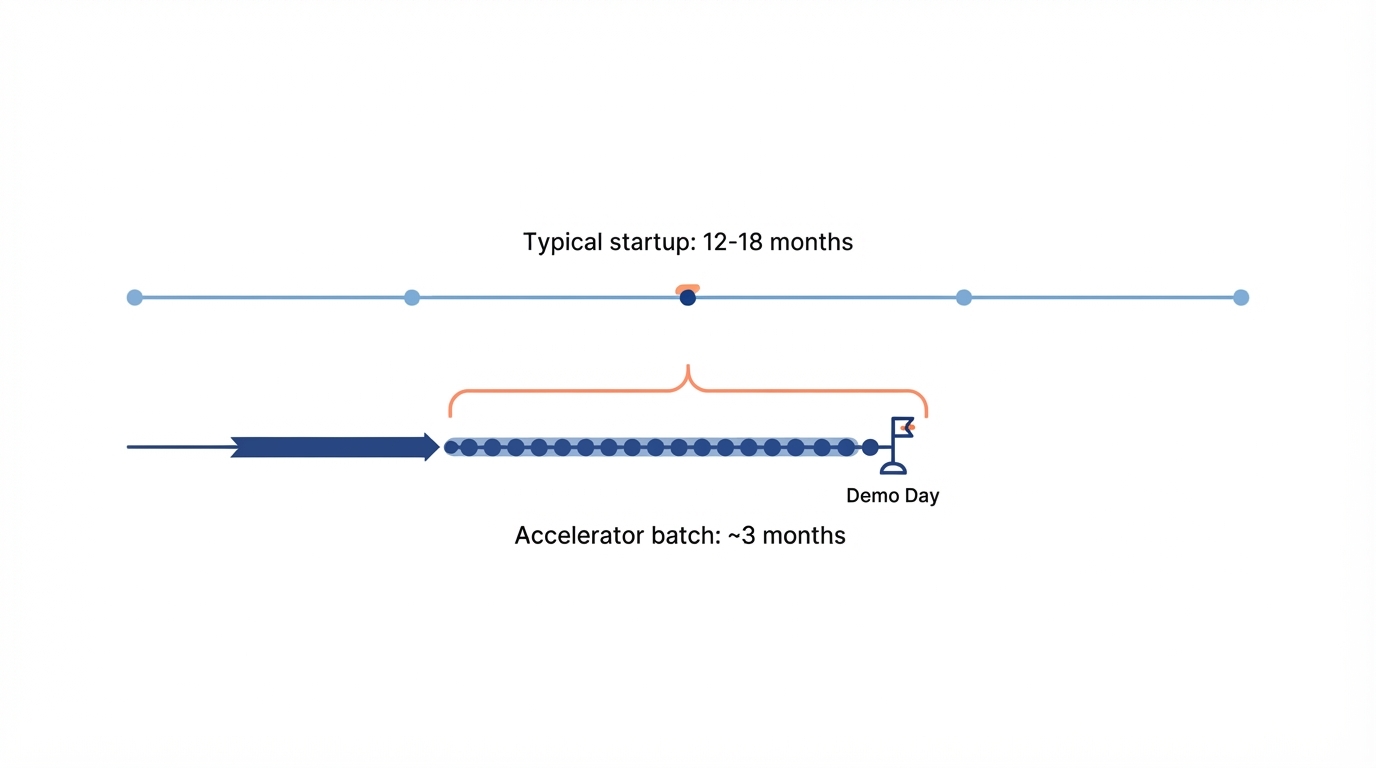 Timeline comparison showing an accelerator batch compresses a typical 12 to 18 month startup timeline into about three months ending at demo day