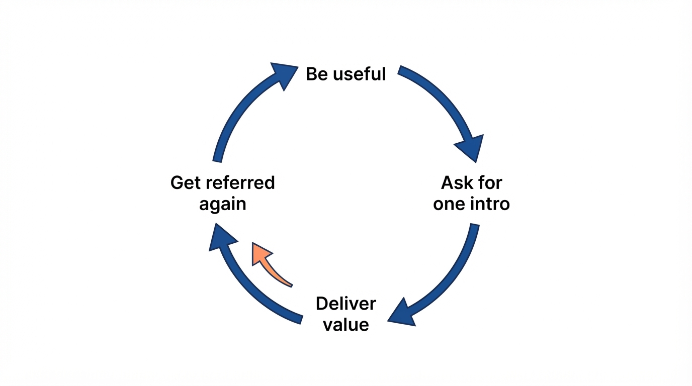 A warm-introduction referral flywheel: be useful, ask for one intro, deliver value, and get referred again