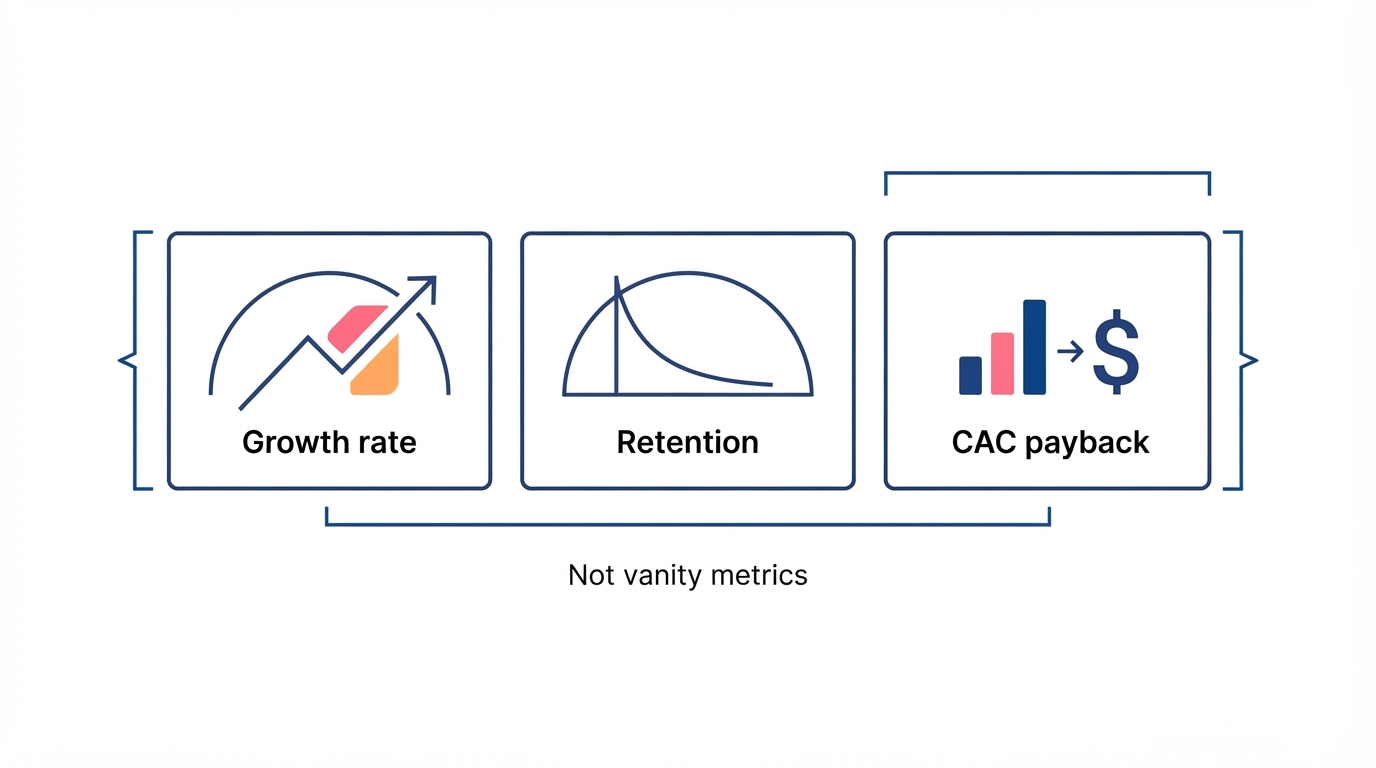 The demo-day metrics investors actually read: growth rate, retention, and CAC payback, not vanity metrics