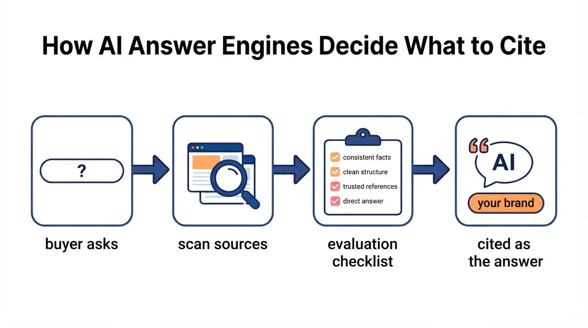 Flowchart of how AI answer engines decide what to cite: buyer query, source scan, evaluation checklist, cited answer