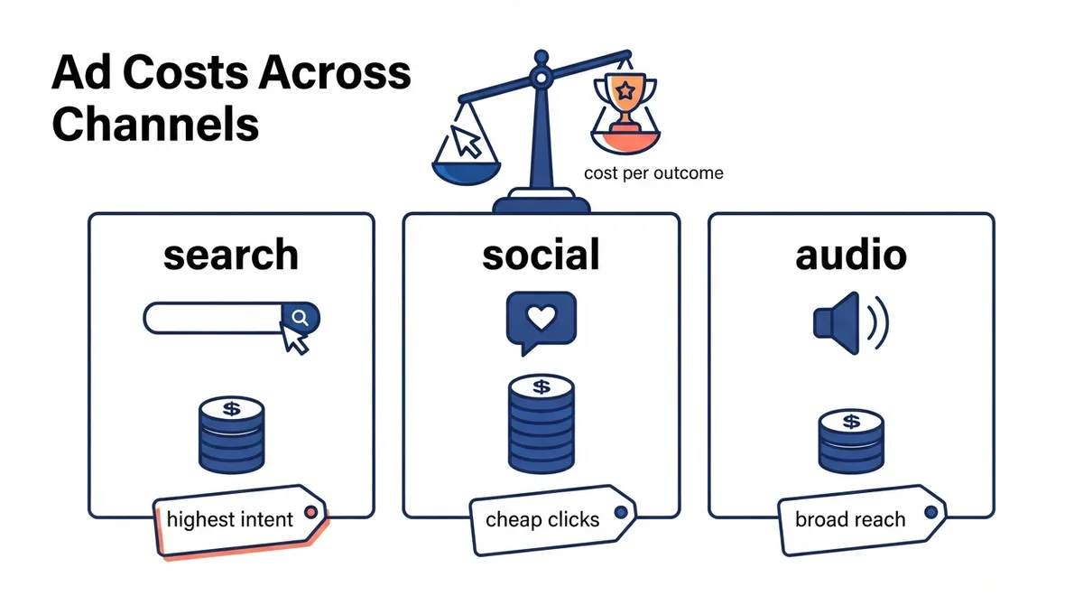 Comparison of ad costs across search, social, and audio channels weighed by cost per outcome
