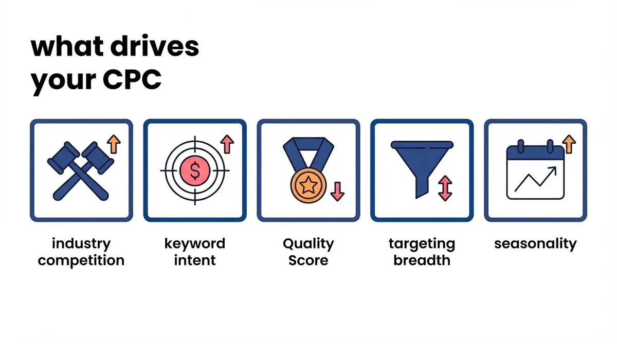 Infographic of the five levers that drive Google Ads CPC: industry competition, keyword intent, Quality Score, targeting breadth, seasonality