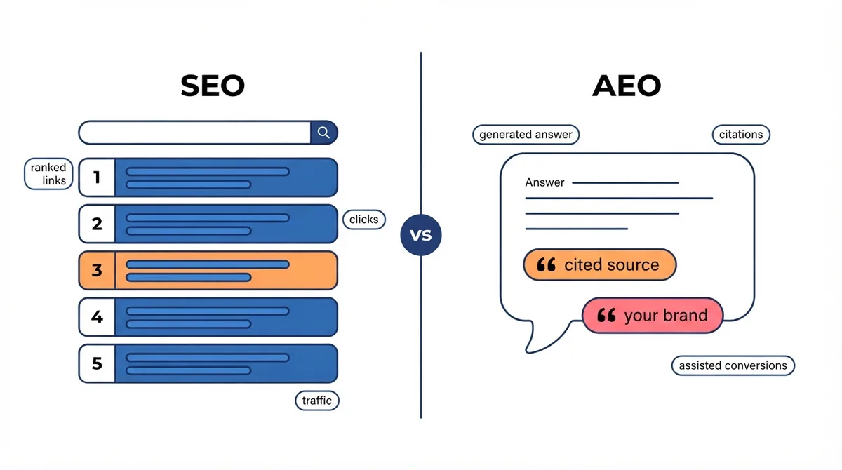Comparison diagram of SEO ranked links versus an AEO generated answer citing your brand