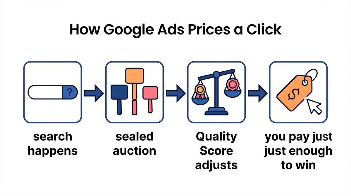 Flowchart of how Google Ads prices a click: search happens, sealed auction, Quality Score adjusts, you pay just enough to win