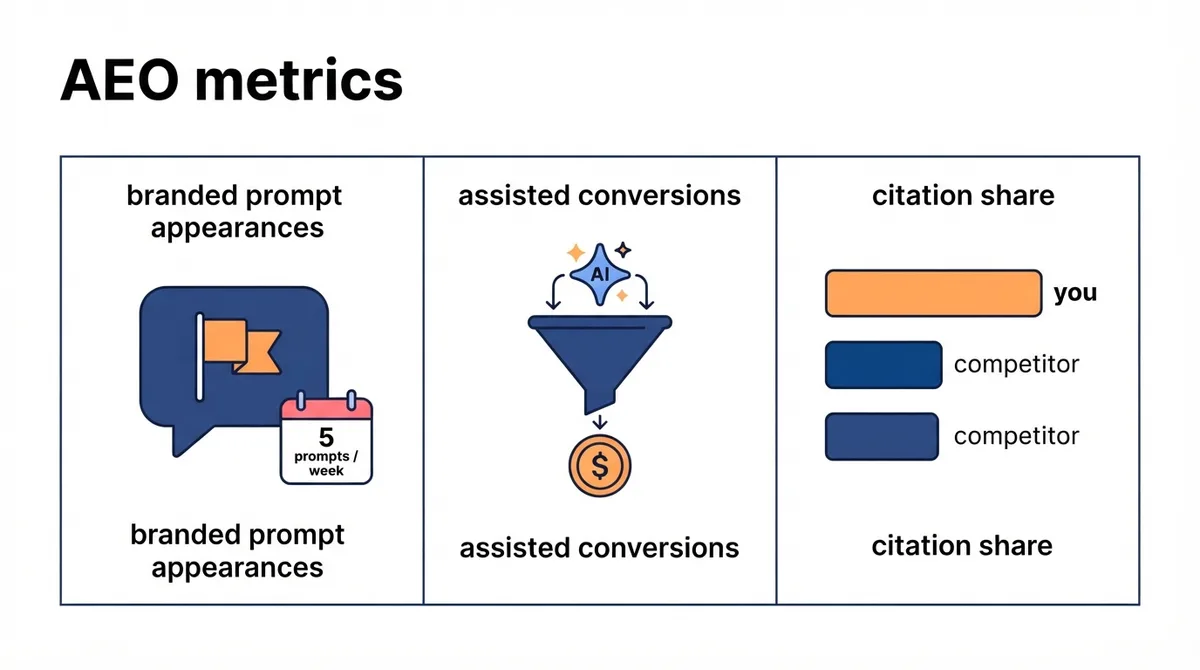 Infographic of three AEO metrics: branded prompt appearances, assisted conversions, and citation share