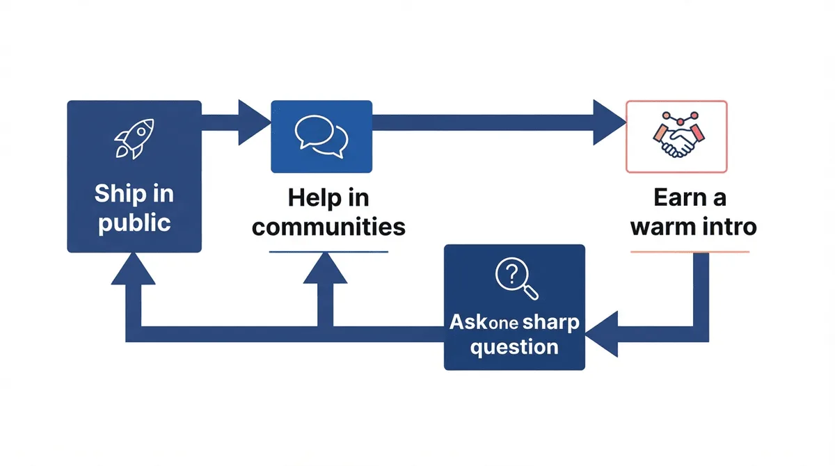 The give-before-you-ask loop founders use to earn mentor intros: ship in public, help in communities, ask one sharp question, earn a warm intro.